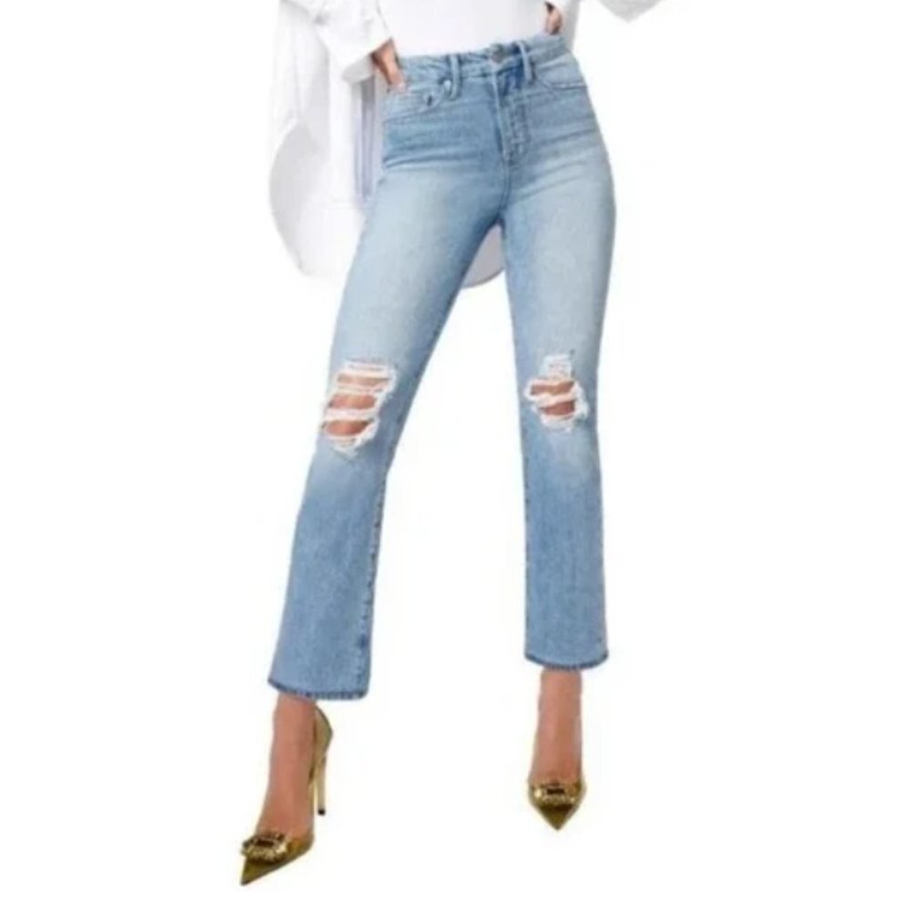 Good American Light Blue Distressed Boyfriend Jeans